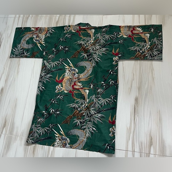 NWOT Japanese Yukata Robe Green Dragon and Bamboo Print Fabric Unisex - Picture 7 of 11